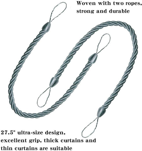 BEL AVENIR Curtain Rope Tiebacks, Drapery Holdbacks with 2 Metal Screw Hooks, 1 Pair - Light Blue