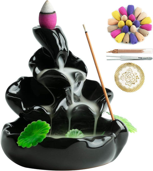 Cute Ceramic Backflow Incense Holder, Waterfall Incense Burner with 48 Incense Cones and 30 Sticks