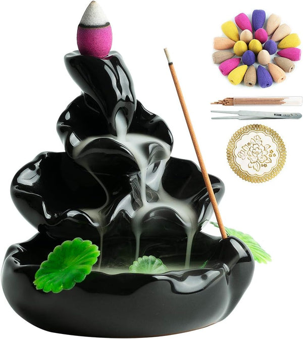 Cute Ceramic Backflow Incense Holder, Waterfall Incense Burner with 48 Incense Cones and 30 Sticks