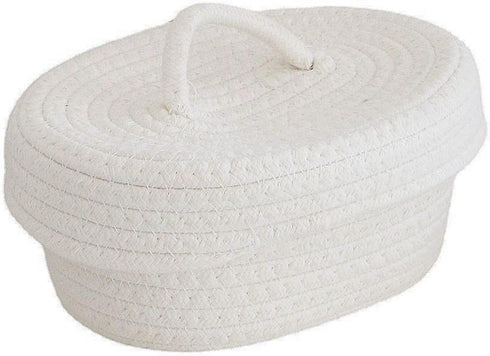 Handmade Cotton Rope Storage Basket with Lid, White Rope Bin for Makeup, Sundries, Snack, Needles - Desktop Storage Box