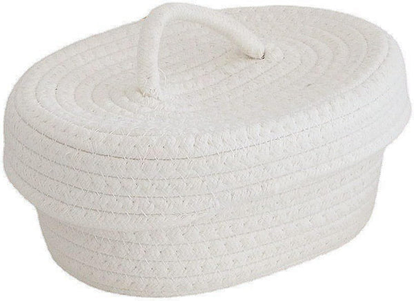 Handmade Cotton Rope Storage Basket with Lid, White Rope Bin for Makeup, Sundries, Snack, Needles - Desktop Storage Box
