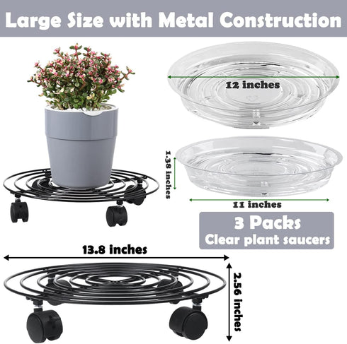 3 Packs 13.8 Inches Large Metal Plant Caddy with Wheels Plant Dolly Heavy Duty Rolling Plant Stand with Casters