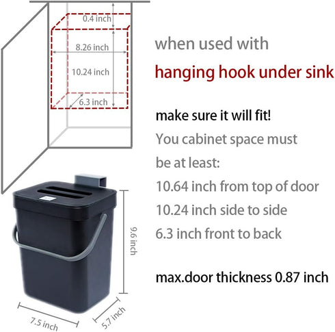 Compost Bin for Kitchen Countertop, Black Hanging Small Trash Can with Lid, Mountable Food Waste Bucket, 1.3 Gal