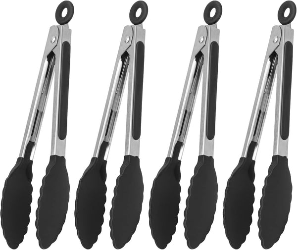 Serving Tongs Kitchen Tongs, Premium Stainless Steel Locking Cooking Tongs with Silicone Tips, 7 Inch (4 Pack)