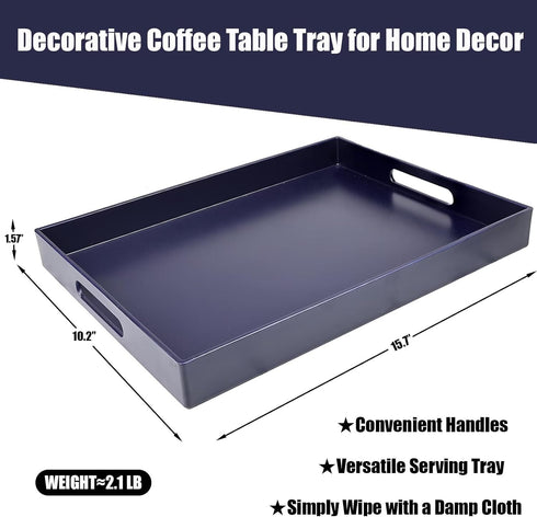Counter, 11.8*15.7*1.6 Navy Blue Serving Tray for Coffee Table, Rectangular Plastic Decorative Tray with Handles