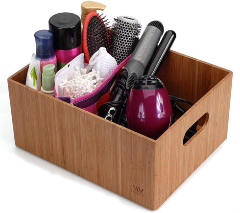 MobileVision Bamboo Bathroom Bin Organizer for Toiletries, Makeup, Brushes, and Cleaning Supplies - 14” x 11” x 6.5”