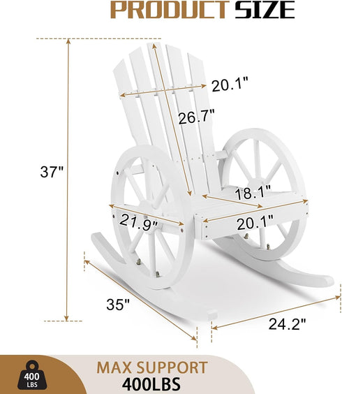 Country Outvita Adirondack Rocking Chair, Wood Wagon Rocker, Outdoor Wooden Carbonized Lounge Chairs with Wheel Armrest
