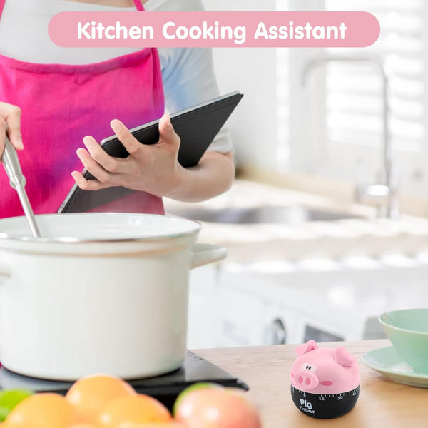 Cute Cartoon Pig Kitchen Timer, 0-55 Minute Wind Up Dial, Loud Alarm Timer, Mechanical Cooking Timing Tool (Pink)