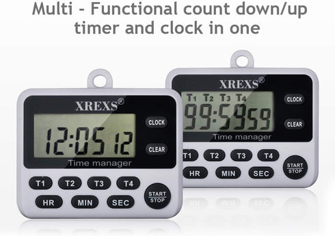 XREXS 4-Channel Digital Kitchen Timer Clock - Large LCD Display, 4 Groups Simultaneous Timing Countdown
