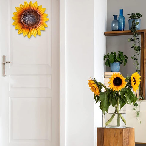 YEAHOME 9'' Sunflower Wall Decor, Set of 3 Metal Flower Art Decorations for Spring Yard Garden, Handmade Gift for Home