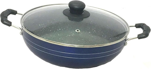 Non Stick Kadai with Glass Lid, Deep Stir Fry Pan for Gas and Induction Cooktops, 2.2 Litre Aluminium