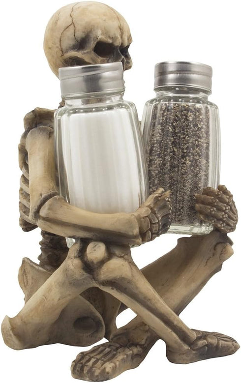 Home 'n Gifts Set Scary Skeleton Glass Salt and Pepper Shaker with Decorative Spice Rack Display Stand Holder Figurine