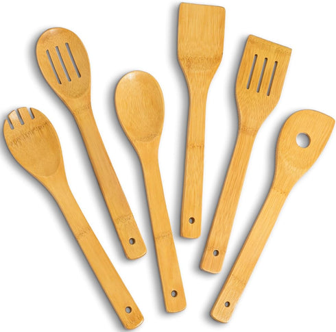 IOOLEEM Bamboo Wooden Spoons for Cooking, 6 Pcs 12 Inch Non-Stick Kitchen Utensils Set, Durable Wooden Spatula Spoons