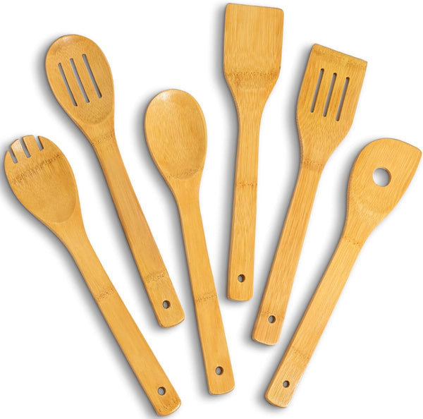 IOOLEEM Bamboo Wooden Spoons for Cooking, 6 Pcs 12 Inch Non-Stick Kitchen Utensils Set, Durable Wooden Spatula Spoons