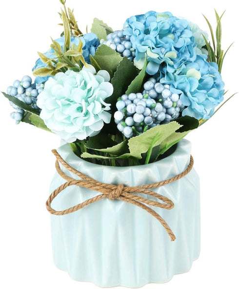 Artificial Hydrangea Bouquet with Small Ceramic Vase, Blue Fake Silk Variety Flower Balls for Home Party Office Wedding