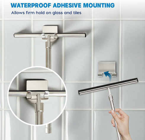 Shower Squeegee with Long Handle and Adhesive Hook for Glass Doors, Tile Walls, Mirrors, and Windows