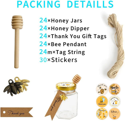 Rormket 12 Pack 4oz 12 Glass Hexagon Honey Jars Golden Lids - Extra Wooden Honey Dipper Sticks, Bee Charms, Tag String