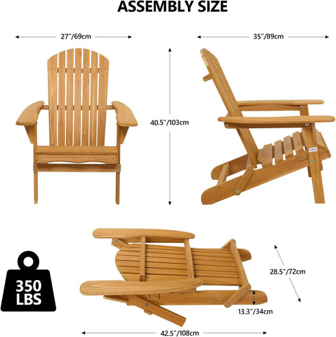 350 LBs VINGLI Folding Adirondack Chairs Wood Lawn Chair Wooden Lounger Support Fire Pit Seating Natural Finished