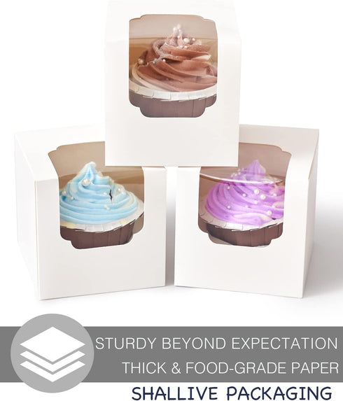 Individual White Cupcake Boxes with Window and Inserts, 15 Count Pre-Assembled Auto-Popup for Wedding Baby Shower
