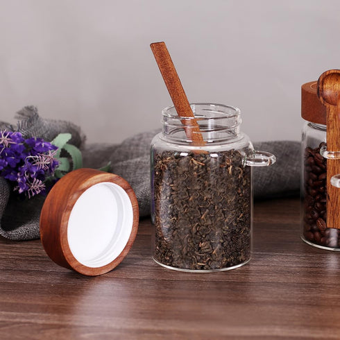 Set, 4 16 OZ SAIOOL Loose Leaf Tea Storage Canister Pieces Glass Tea Containers with Wooden Lids and Spoons for Loose