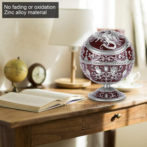 Vintage Windproof Ashtray with Lid, Metal Ball Cigarette Tabletop Ashtray in Wine Red Globe Fly Dragon Shape