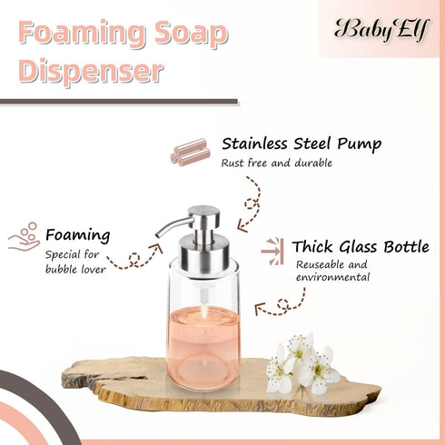 BabyElf Clear Glass Foaming Soap Dispenser - Rust-Proof Stainless Steel Pump for Bathroom & Kitchen