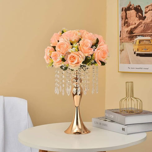 13"- 2pcs) Metal Wedding Centerpieces for Table, Crystal Flower Stands, Wedding Road Lead Flower Holders, Crystal