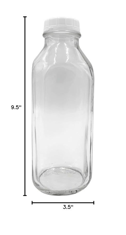 The Dairy Shoppe 1 (33.8 oz) LTR Glass Milk Bottle with Cap. Made in USA, Square Style