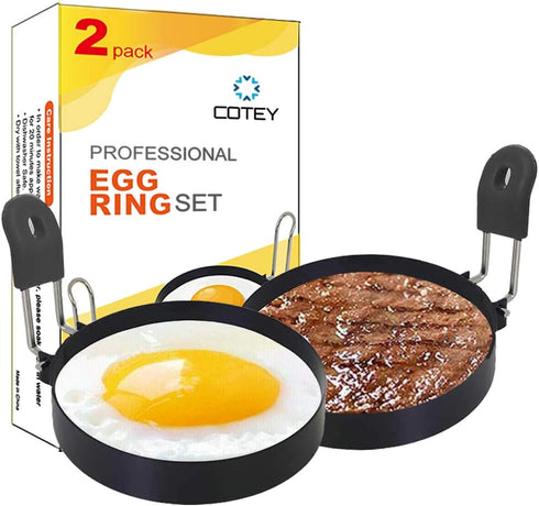 3.5" Set 2 COTEY Egg Rings of with Silicone Handle, Large Ring for Frying Eggs, Round Mold for English Muffins