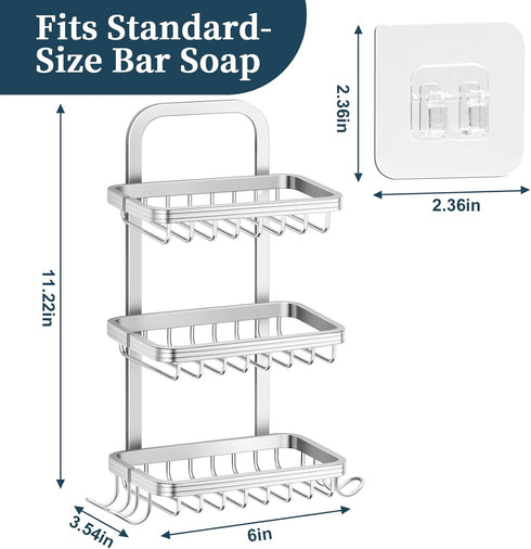 3 4 Tier Soap Bar Holder for Shower, Aluminum Wall Mounted Rustproof Soap Holder with Hooks and Razor Holder, Shower