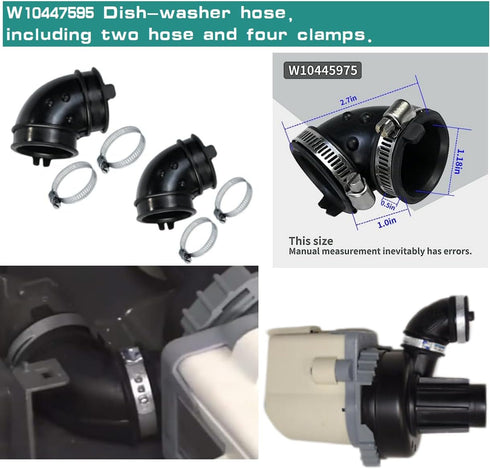 New W10445975 Dishwasher Pump Hose, Compatible with Whirlpool Pumps, Includes Two Hoses and Four Clamps