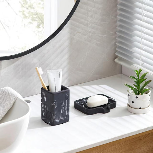 INIUNIK Set, Toothbrush Holder and Soap Dish Resin Toothbrush Cup Bathroom Cup Tumbler Marble Design, Self Draining Bar