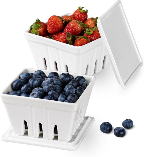 Dizada Ceramic Berry Basket with Lids, Fruit Bowl/Baskets with Covers, 5 Inch