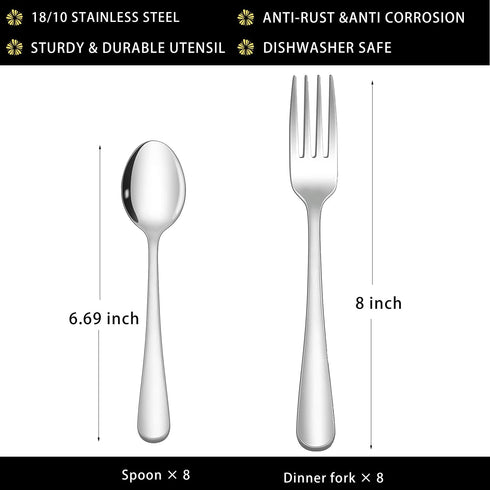 Spoons and Forks Set, 16 Piece Top Food Grade Stainless Steel Silverware Set, Kitchen Utensil Set, Mirror Finish &