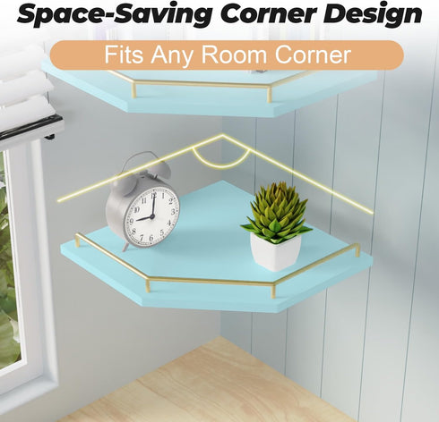 2-Tier 9.5-inch Tirzah Blue Wall Mount Corner Shelf with Gold Metal Guardrail, Diamond-Shaped Wood Corner Floating