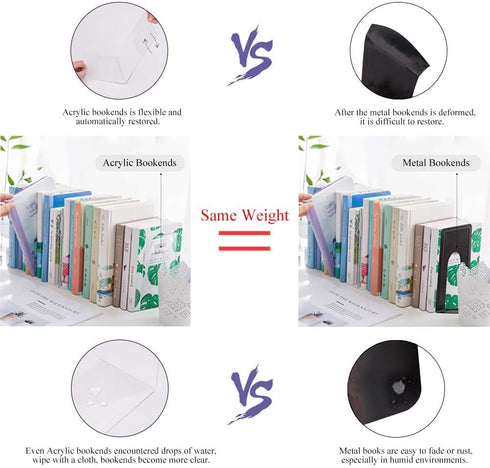 MerryNine Clear Book Ends 4pcs, Acrylic Decorative Bookends for Heavy Duty Books, Bookshelf Dividers