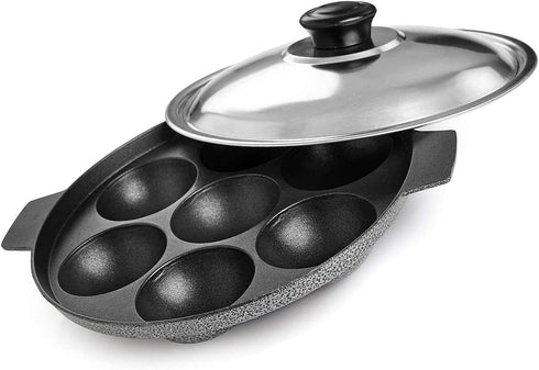 SHRIYA Appam Patra Non-Stick Pan, 7 Cavities, Paniyaram Pan with Stainless Steel Lid