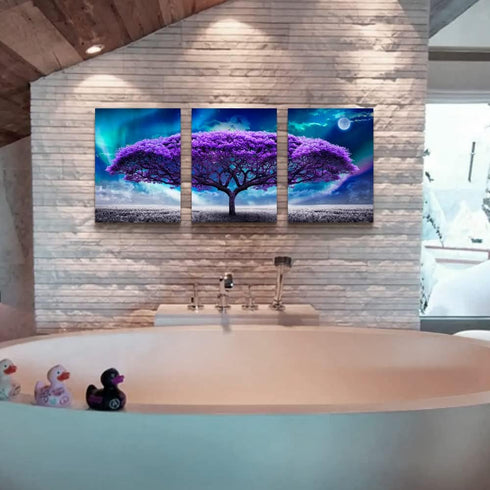 Canvas Wall Art for Living Room, Boho Decor for Bedroom, Aurora Purple Tree Scenery Painting, 12" X 16" 3 Piece