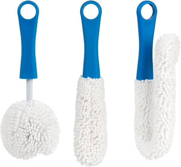 SHIDOW 3 Pieces Glassware Cleaning Brush Kit, Flexible Bottle Scourer for Wine Decanters, Goblets, Glasses (Blue Handle)