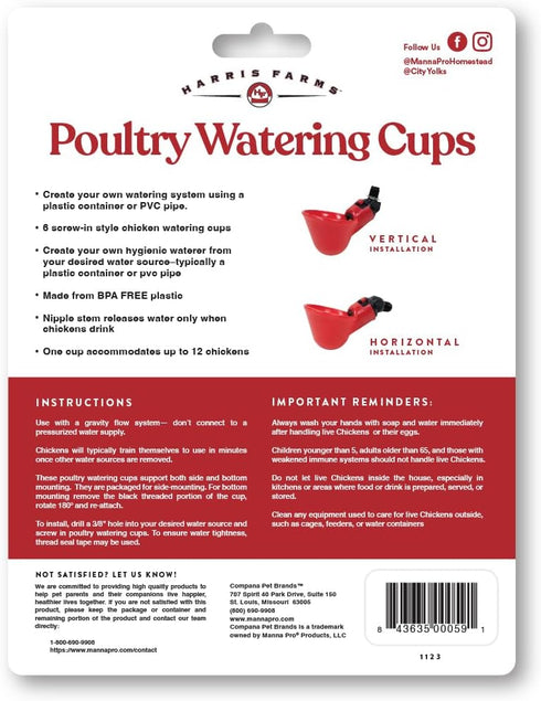 12 6 Harris Farms Chicken Water Cups, Gravity-Fed Poultry Drinkers for Up to Chickens, Automatic Hydration for Hens