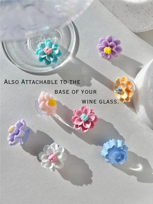 Fount & Haven 8 Pack Flower Suction Wine Glass Charms - Resin Drink Markers for Stem Glasses, Washable Wine Markers