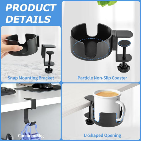 Desk Cup Holder Clamp - Large Anti-Spill Drink Holder, Easy Install for Coffee Mugs, Water Cups