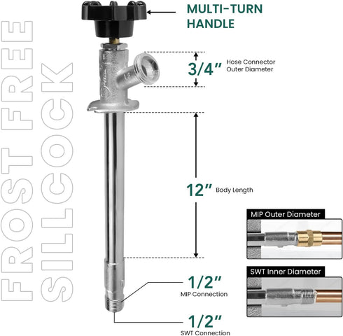 12 Inch 1/2" 3/4" Midline Valve Frost-Free Sillcock, Chrome-Plated Brass Body MIP/Sweat Inlet x Hose Bib Outlet
