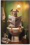 FireDeer Funny Bathroom Canvas Wall Art - Dog Reading Newspaper on Toilet Poster Humor Painting for Farmhouse Decor
