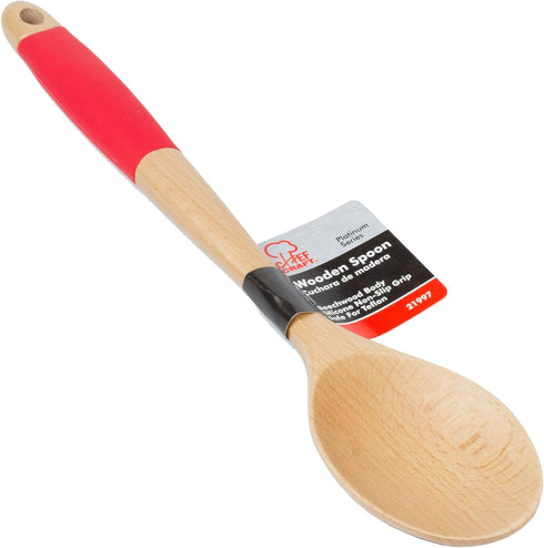 Chef Craft Premium Wooden Spoon with Silicone Handle, 14 Inch, Red