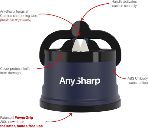 AnySharp Knife Sharpener, Hands-Free Safety, PowerGrip Suction, Compact for All Kitchen Knives, Navy Blue