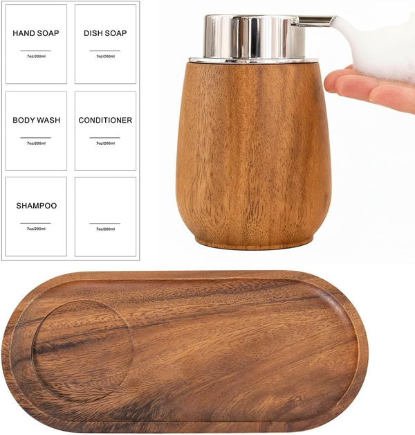 Walnut Wood Soap Dispenser Set with Tray, 7oz/200ml Foaming Hand Soap Dispenser