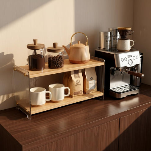 2 15.4" 5.7" 8.2" Coffee Station Organizer Tier, Solid Wood Mug Shelffor Coffee Bar,Matcha Station,Tea Storage - Holds