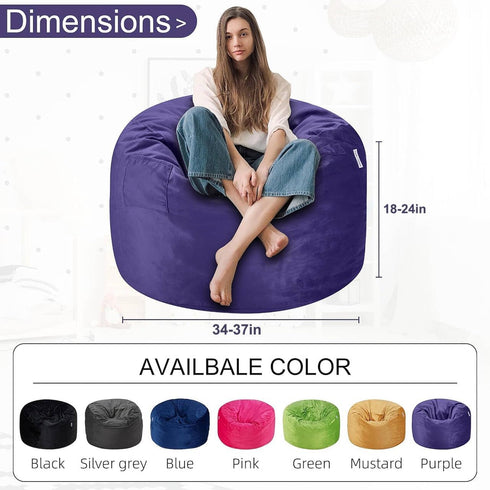 3Ft 3' HABUTWAY Bean Bag Chair Luxurious Velvet Ultra Soft Fur with High Rebound Memory Foam Bean Bag Chairs for Adults