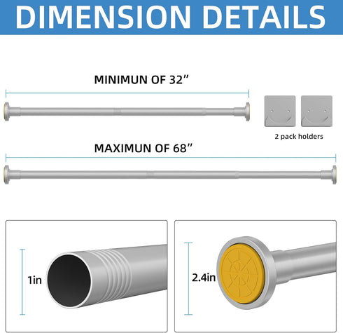 Matte Silver Shower Curtain Rod, 1 Inch Diameter Stainless Steel Adjustable Spring Tension Rods 32 to 68"